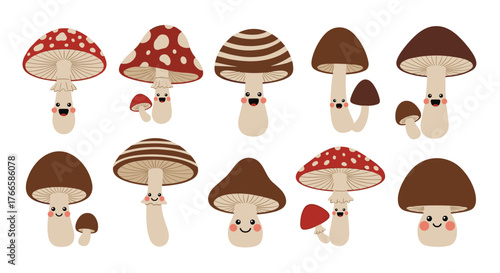 A whimsical collection of cute, smiling cartoon mushrooms with various cap designs and colors.