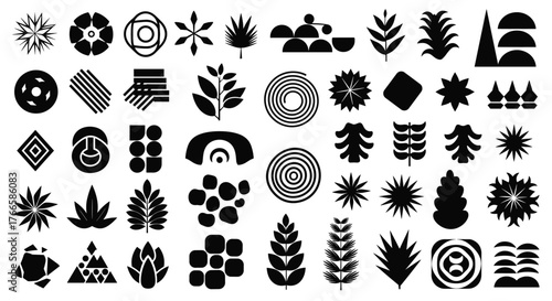 A collection of diverse geometric and organic abstract black graphic icons on a white background.