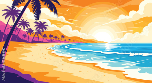 Vibrant sunset over a tropical beach with palm trees and crashing waves.