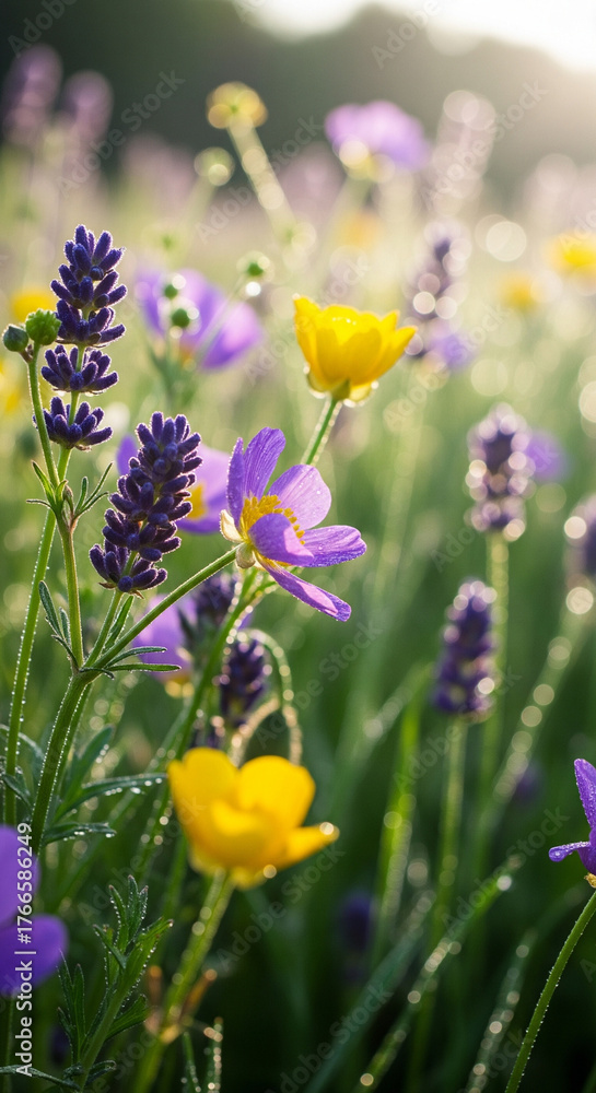 Fototapeta premium flowers, wildflowers, meadow, macro, bokeh, spring, nature, soft, sunlight, floral, bloom, garden, beauty