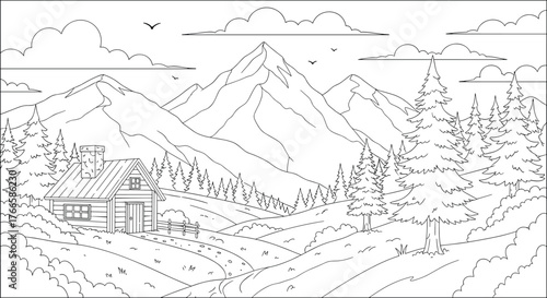 A peaceful mountain landscape scene featuring a rustic log cabin surrounded by pine trees and rolling hills under a cloudy sky.