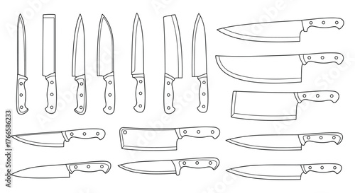 Collection of various kitchen knives and cleavers drawn in outline style on a white background.