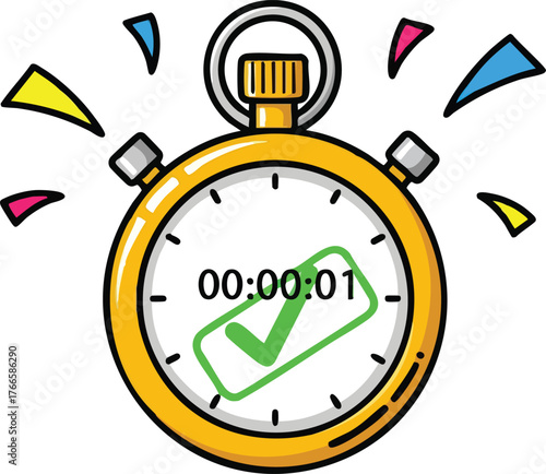Classic Stopwatch Timer Showing One Second Elapsed With Green Checkmark On White Background And Colorful Sparks
