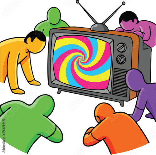Diverse People Watch Hypnotic Swirl On Vintage Television Screen