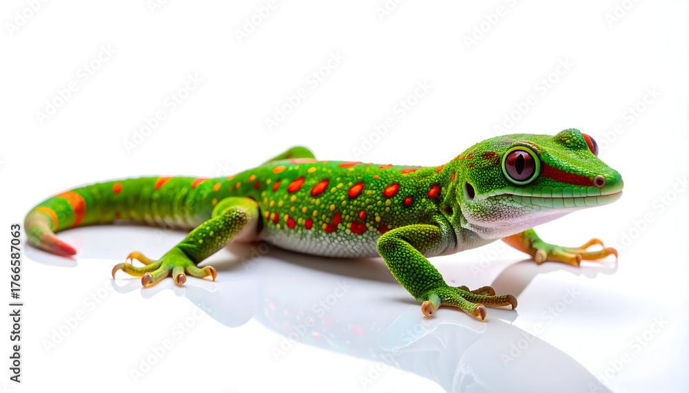Fototapeta premium Vibrant Gecko: An eye-catching close-up showcases a radiant gecko, its skin adorned with striking emerald and crimson patterns, against a soft, unobtrusive background.