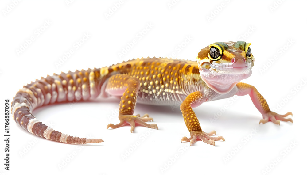 Naklejka premium Leopard Gecko Portrait: A vibrant and captivating leopard gecko showcases its striking patterned skin, intricate details, and unique charm, making a delightful portrait.