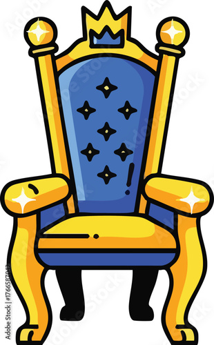 Pixel Art Golden Throne With Blue Upholstery And Crown Icon For Royalty And Power Symbol