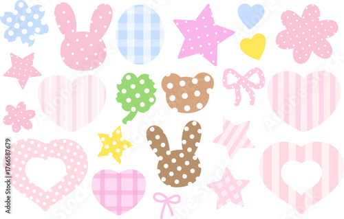 Cute vector illustrations of teddy bear, bunny, hearts, star, clover leaf, polka dot pattern, stripe print for animal, zoo, cartoon character, decorations, stickers, cute patch, brooch, pin, name tag