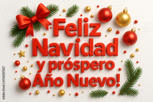 “Feliz Navidad” with ornaments and candy canes. Festive design.