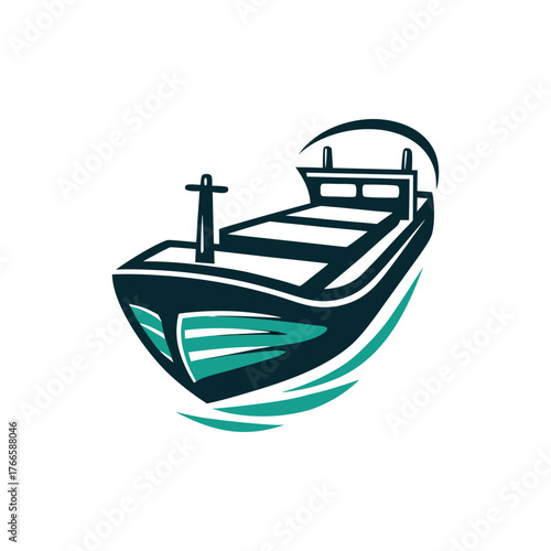 Stylized Cargo Ship Vector Graphic Illustration A solid blue cargo ship sailing across calm ocean waters