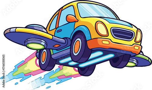 Retro Pixel Art Flying Car With Jet Boosters and Colorful Exhaust Trails Isolated on White Background