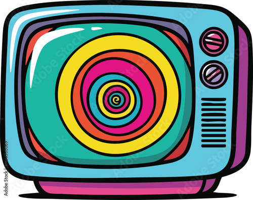 Retro Television Displaying Hypnotic Swirling Colors With A Teal Blue Casing And Pink Accents
