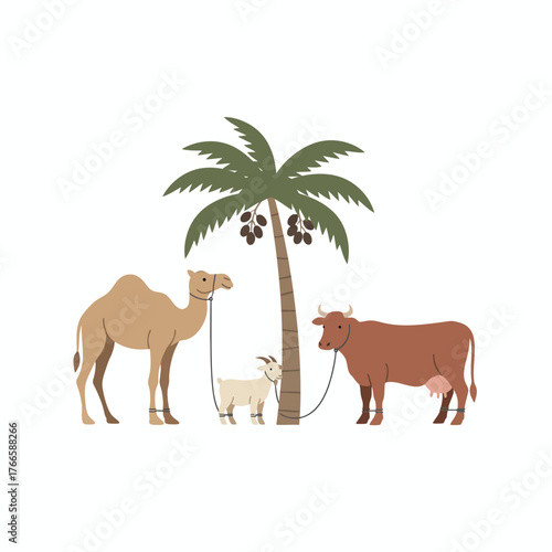 A camel, goat, and cow tied to a palm tree farm animals