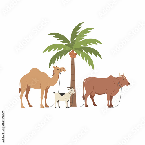 Eid al-Adha Camel, Goat, and Cow Under a Palm Tree Illustration for Festive Celebrations