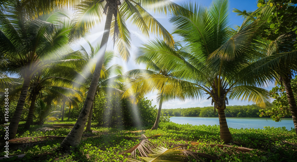 Obraz premium tropical, palm, sunlight, nature, summer, trees, leaves, paradise, jungle, vacation, sunlight rays, natural, landscape,