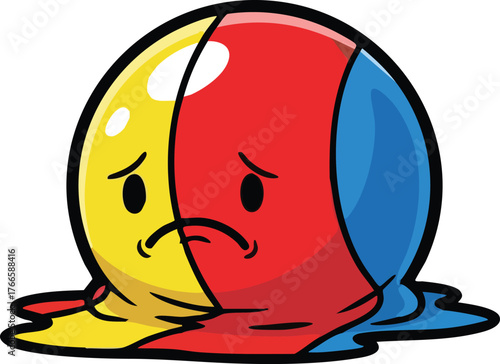 Sad Beach Ball Melts in Bright Sunlight on White Background Expressing Summer Heat Exhaustion