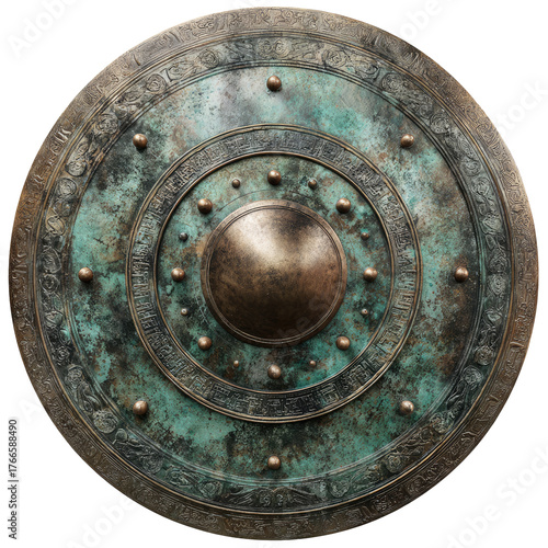 Ornate, aged bronze shield