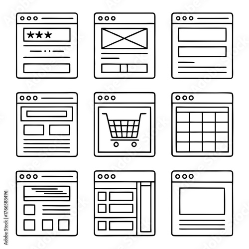 Set of 8 web ui wireframe outline vector designs scalable for digital projects vector