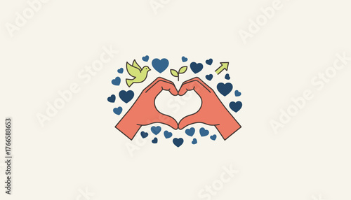 Hands forming a heart gesture, surrounded by flying hearts, a dove, a sprout, and an upward arrow, symbolizing concepts of love, peace, growth, and environmental care