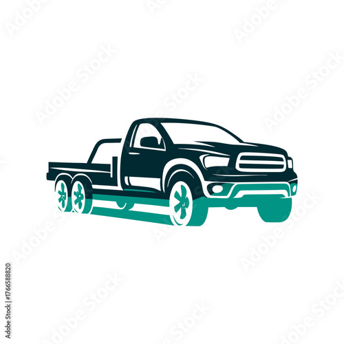Stylized Pickup Truck Vector Illustration A solid maroon pickup truck hauling a flatbed trailer