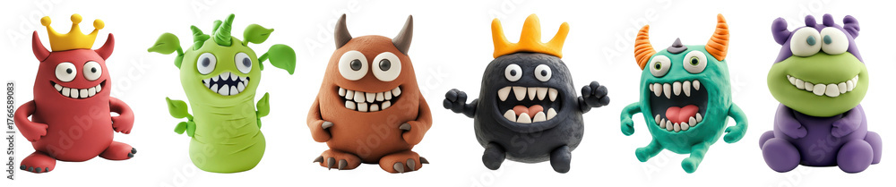 Naklejka premium PNG Colorful playful cartoon monster figures, element set on transparent background