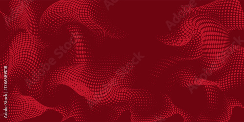 Red Abstract Wavy Dotted Background with 3D Digital Grid Effect