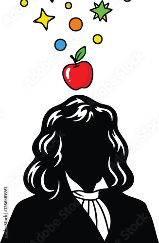 Silhouette Of Isaac Newton Inspired Person With Apple Falling Above And Colorful Stars And Planets Overhead