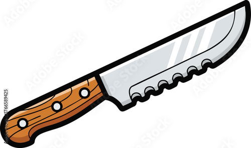 Silver Kitchen Knife With Serrated Edge And Wooden Handle On White Background