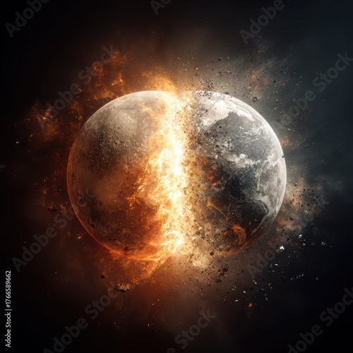 Explosive Mid-Impact of Two Fictional Planets with Fiery Flames and Debris in Deep Space