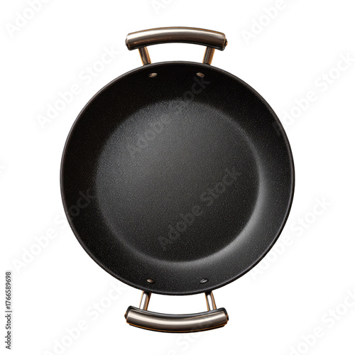 Top-down view of a round, black pan with metallic handles