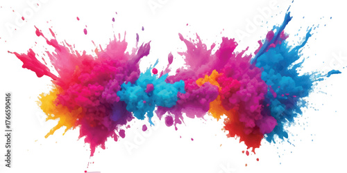 Colorful powder explosion vibrant splash of holi colors isolated on white background for festive designs
