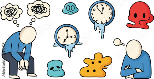 Stylized Figures Reflecting Stress And Time Distortion With Melting Clocks And Abstract Shapes