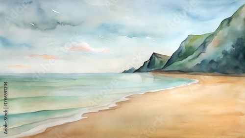 Tropical beach with blue sky watercolor illustration