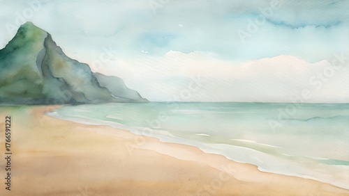 Tropical beach with blue sky watercolor illustration