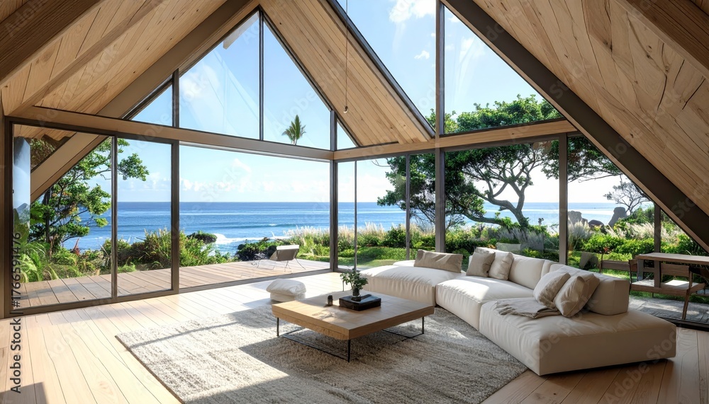 Fototapeta premium Peaceful A-frame cabin interior with ocean views. Comfortable minimalist sanctuary embraced by natural beauty and stunning scenery