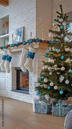 Decorative fireplace with Christmas stocking and gifts in stylish room interior. Christmas postcard. Gifts for children