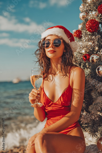 Young beautiful woman wears red bikini, Santa hat and sunglasses holding a glass of champagne on the beach. Smiling lady is sitting near the Christmas tree. Christmas on the beach concept