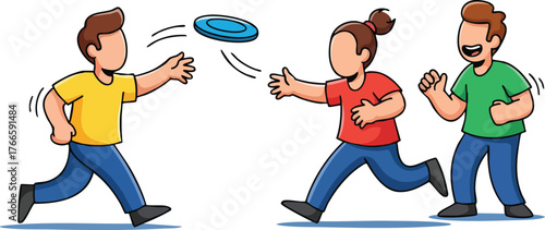 Three Friends Playing Frisbee Together Outdoors on a Sunny Day