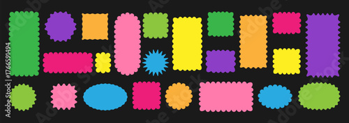  Colorful abstract vector set of wiggly edge frames and curvy shapes. Scallop border forms for tags, labels, coupons, stamps and decorative figures. Flat design isolated on dark background
