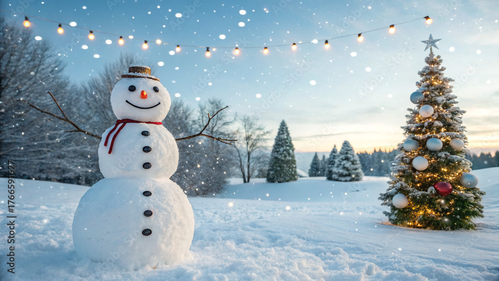 Obraz premium Snowman stands cheerfully near a decorated Christmas tree in a winter wonderland landscape during twilight