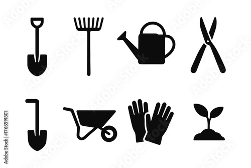 Essential gardening tools silhouette set: shovel, rake, watering can, shears, wheelbarrow, gloves, seedling
