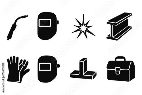 Welding icons set: tools, safety gear, steel beams, and briefcase in silhouette style