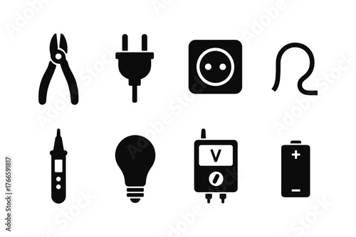Essential electric tools and components icons in modern silhouette style