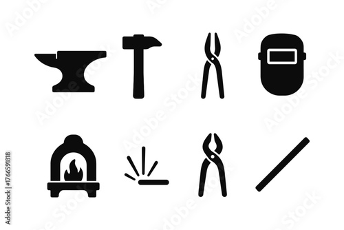 Blacksmith tool icons set: anvil, hammer, tongs, welding helmet, forge, spark, bar