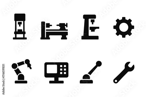 Industrial machine tools icons set featuring minimalist black silhouettes