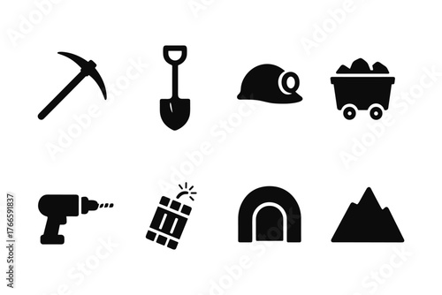 Mining icons set: tools, helmet, cart, drill, mountain in simplistic style