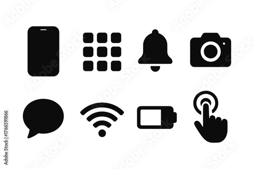 Essential mobile icons collection: minimalist device and app symbols