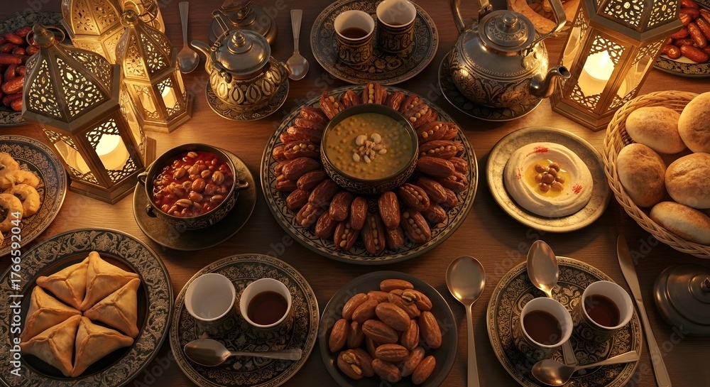 Fototapeta premium Traditional Middle Eastern Iftar Feast: Dates, Savory Dishes, Ornate Lanterns, and Beverages on a Festive Dinner Table
