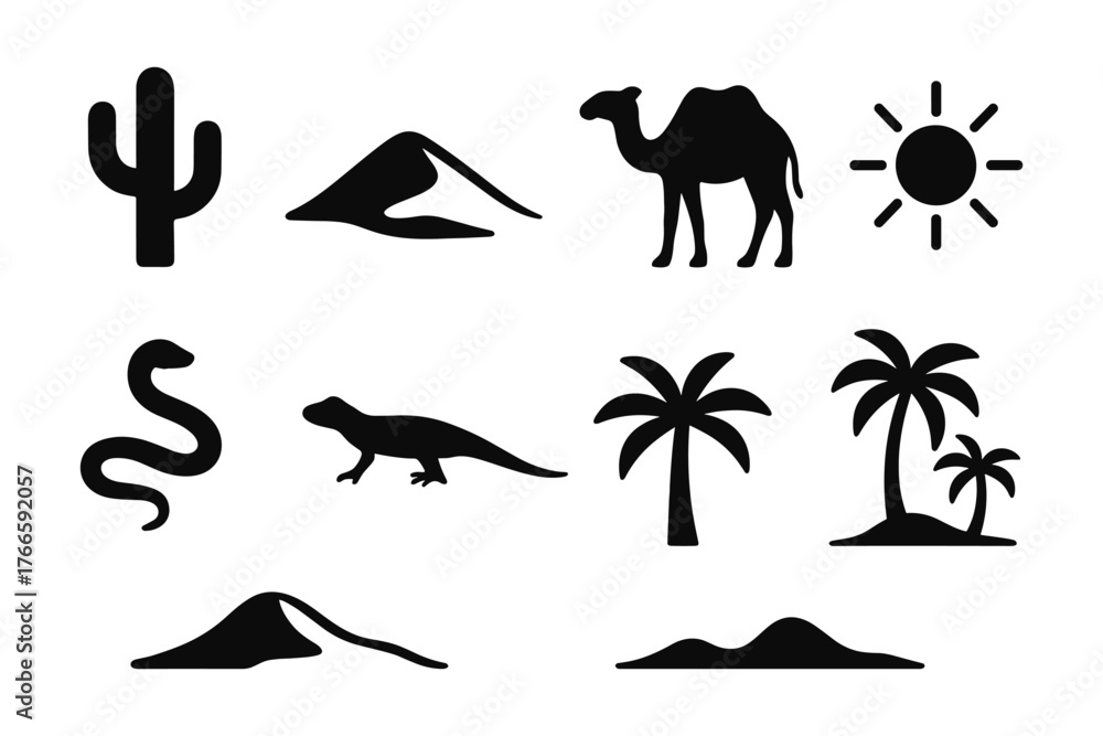 Fototapeta premium Desert silhouette icons: cactus, camel, sand dunes, sun, and palms