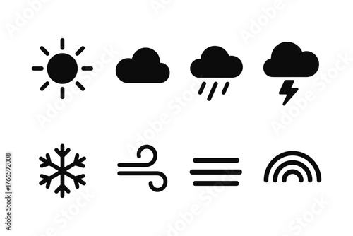 Minimalist weather icons set: sun, cloud, rain, snow, wind, fog, rainbow